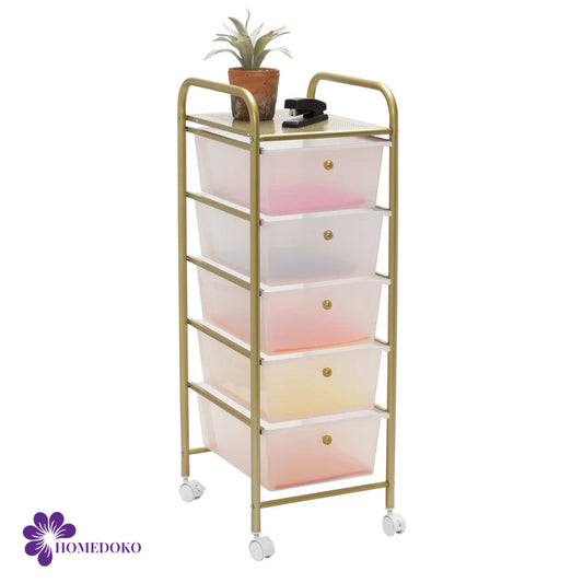 Clear/Gold Plastic 5-Drawer Rolling Storage Cart