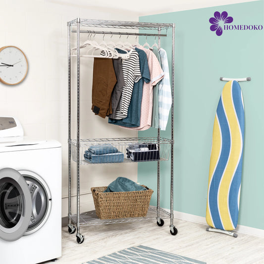 Chrome Rolling Laundry Station with Hanging Rod, Basket and Shelves