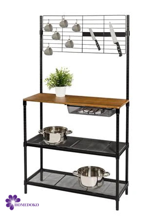 Black/Wood Baker's Rack with Cutting Board and Hanging Grid