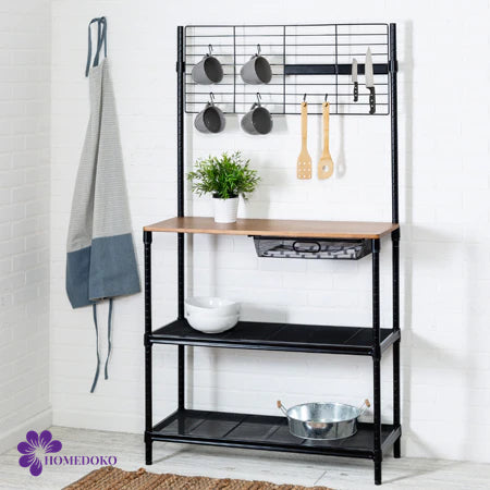 Black/Wood Baker's Rack with Cutting Board and Hanging Grid