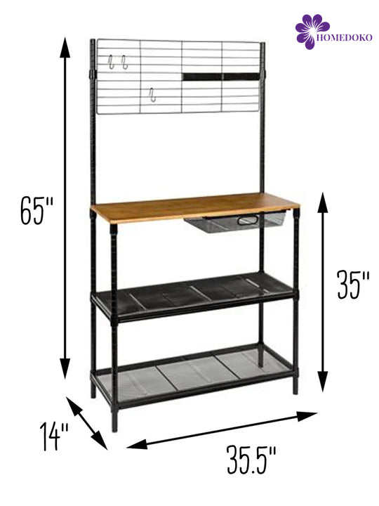 Black/Wood Baker's Rack with Cutting Board and Hanging Grid